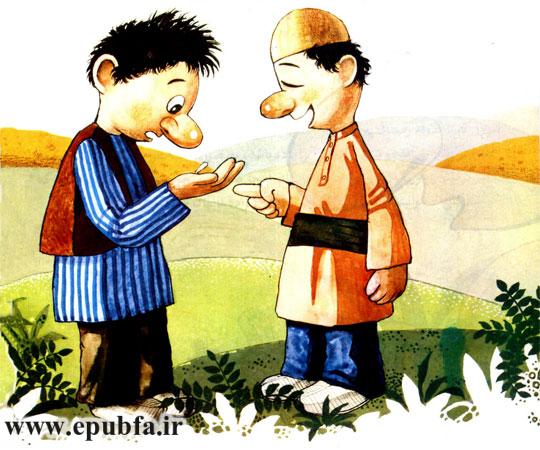 پسربچه روستایی با کلاه نمدی با دوست خود نخودی حرف می زند - قصه کودکانه ایپابفا