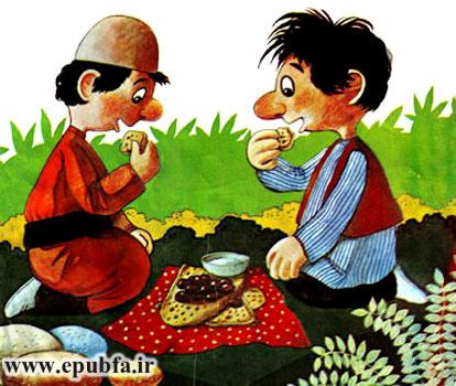 نخودی و دوستش سر سفره می نشینند و غذا می خورند -قصه کودکانه ایپابفا