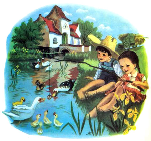 دختر کوچولو و پسربچه در کنار برکه به مرغابی ها غذا می دهند -قصه کودکانه ایپابفا