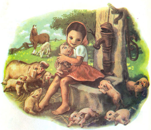 دختربچه مهربان درحال بازی و خوش رفتاری با بچه های خوک مادر -قصه کودکانه ایپابفا