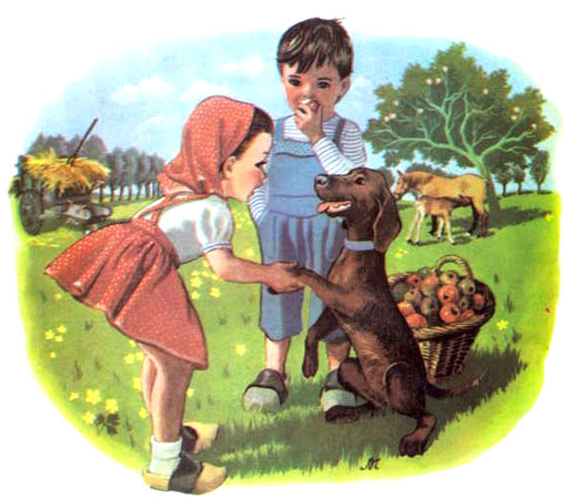 سگ تربیت شده درحال دست دادن به دختر کوچولو و پسر بچه ای درحال خوردن سیب سرخ -قصه کودکانه ایپابفا