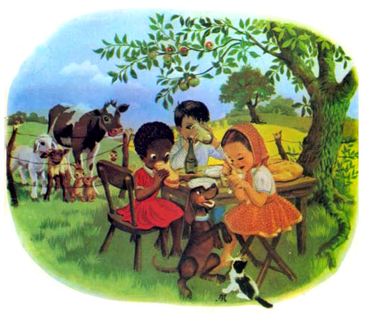 کودکان پشت میز نشسته اند و زیر درخت میوه، جلوی حیوانات اهلی غذا می خورند -قصه کودکانه ایپابفا