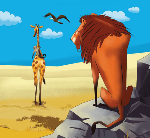 شیر سلطان جنگل رفتن زرافه میمون و عقاب را تماشا می کند - قصه کودکانه ایپابفا