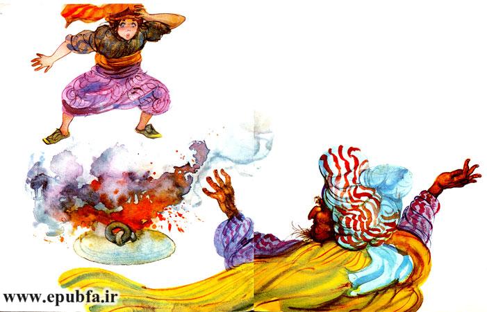 عموی دروغی علاءالدین به انگشتری که به انگشت داشت دست کشید و از آن سنگ شعله‌ای بزرگ و دودی برخاست 