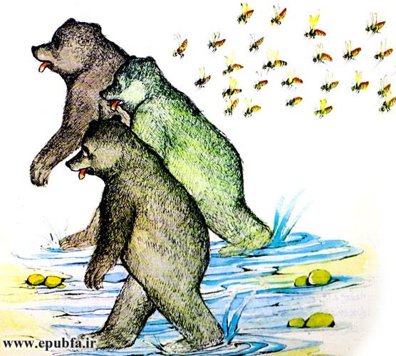 خرس‌ها که از ترس نیش زنبورها سروصورتشان را پوشانده بودند، چون جایی را نمی‌دیدند، یا به درختان می‌خوردند 