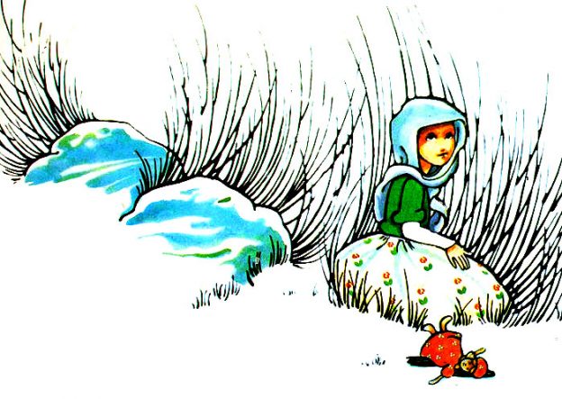 خواهر کوچک میان گل‌های مینا نشست.