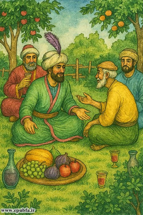 حاکم از او تشکر کرد و بهاتفاق یارانش بر روی چمنها نشستند و شروع به صحبت کردن نمودند و از میوهها و شربتهایی که باغبان برایشان آورده بود، خوردند