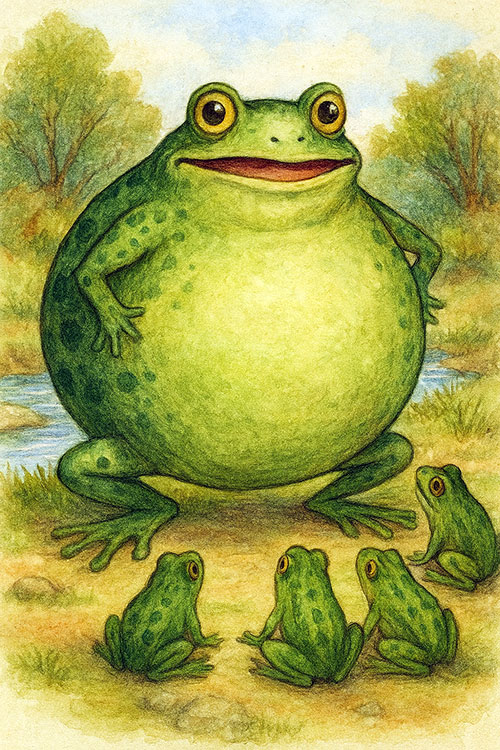 بدن کوچک قورباغه اندکی بزرگ شد، اما هنوز در مقابل گاو، چیز بسیار کوچکی به نظر میرسید.