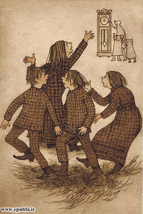 پیتر بر روی دست‌های آن‌ها که به یکدیگر قلاب شده بودند، رفت و با شتاب دستش را بر روی عقربه بزرگ ساعت جادویی نهاد و شروع به عقب کشیدن آن کرد.